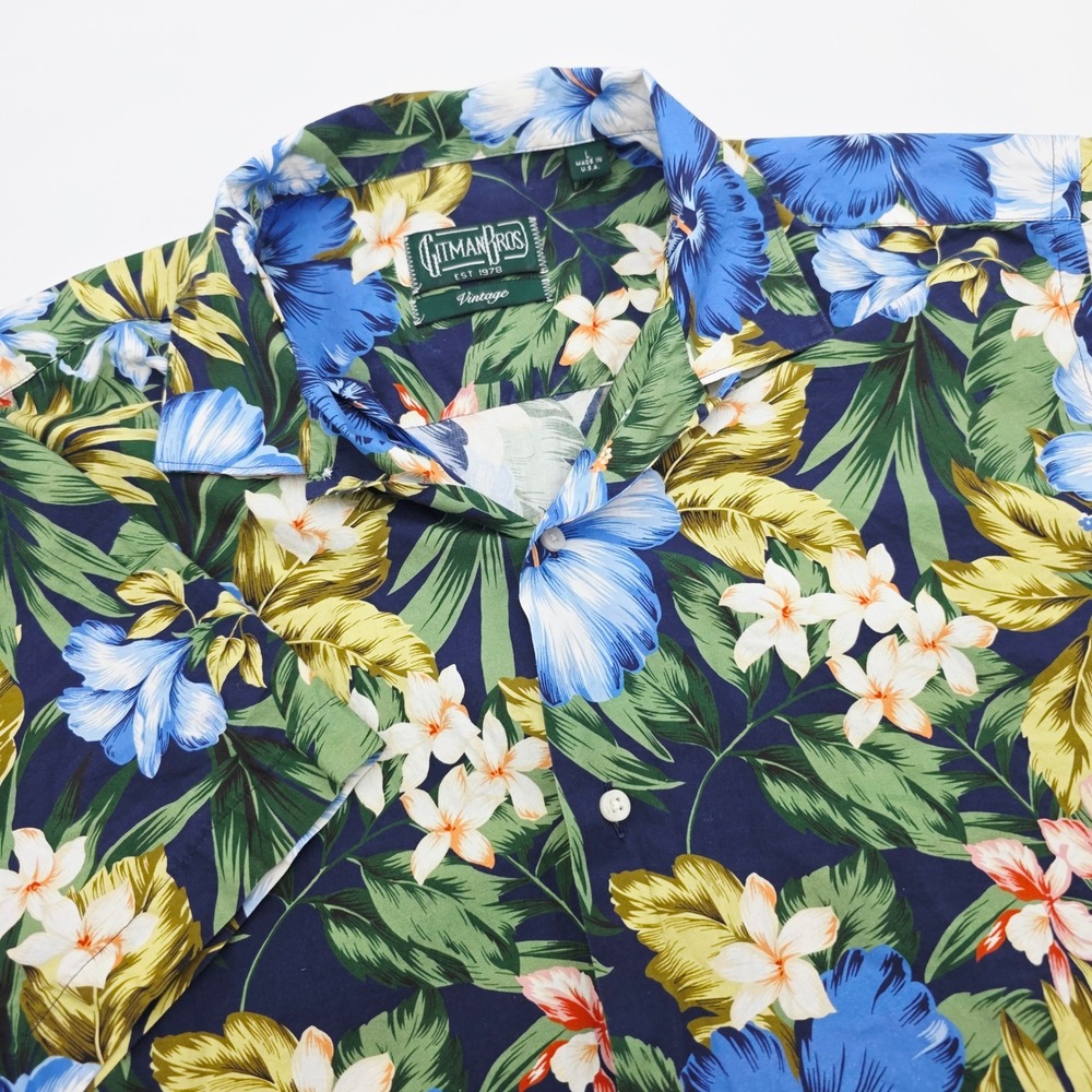 Gitman Bros Vintage Men L Oxford Floral Hibiscus Hawaiian Shirt Blue Made in USA